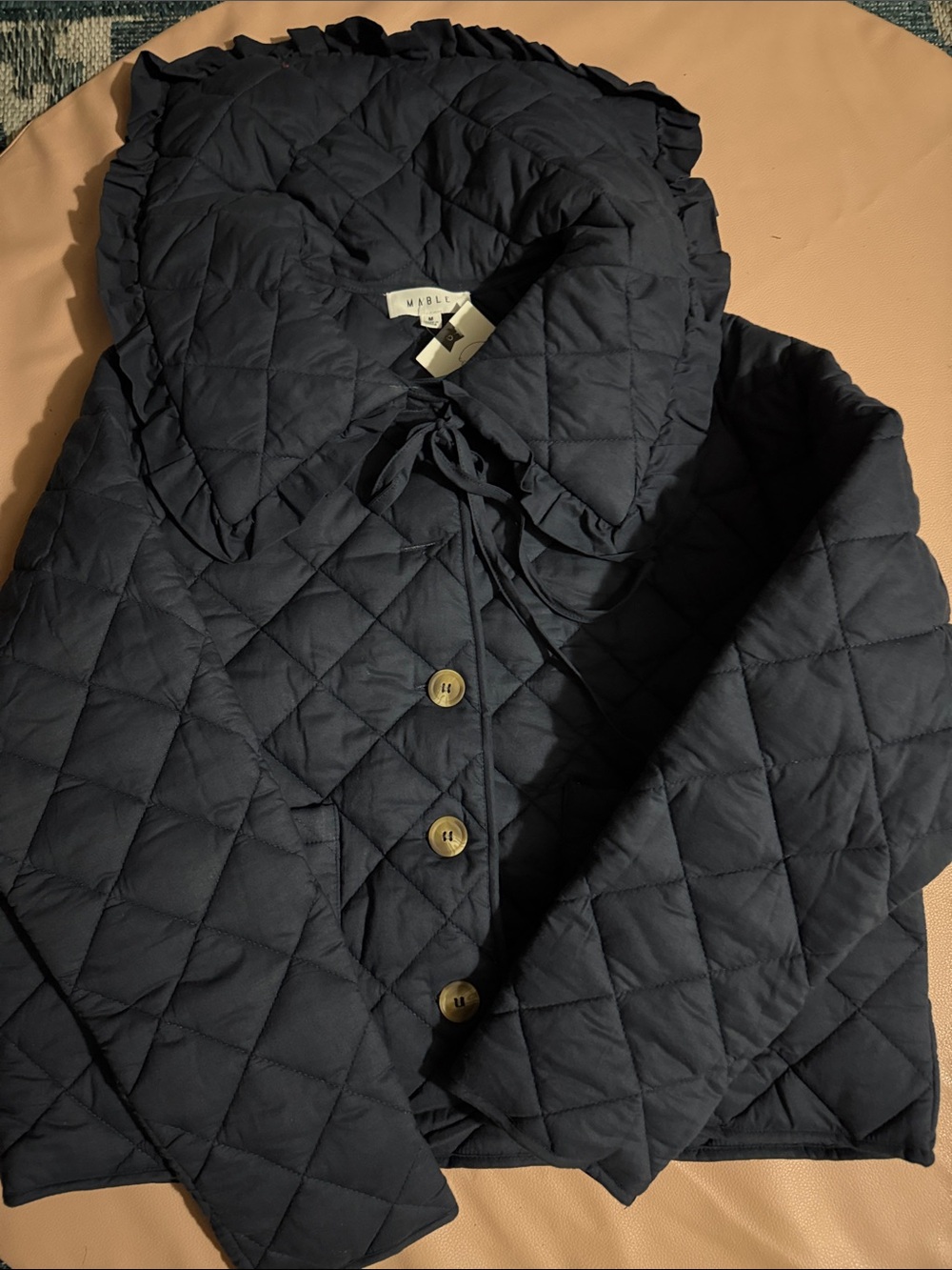 Mable Quilted Navy Ruffle-Collar Puffer Jacket